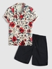 Flower Print Shirt and Striped Shorts Set Light yellow