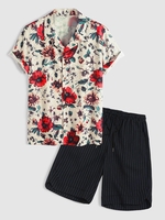 Flower Print Shirt and Striped Shorts Set Light yellow