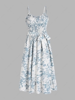 Flower Print Smocked Frilled Belted Dress S Light blue