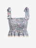 Flower Print Smocked Tie Shoulder Denim Peplum Tank Top L Blue