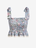 Flower Print Smocked Tie Shoulder Denim Peplum Tank Top M Blue