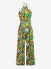 Flower Tropical Leaf Print Halter Wide Leg Jumpsuit S Yellow