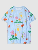 Flowers and Butterfly Printed Crew Neck T-shirt 2xl Pastel blue