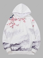 Flowers and Mountain Traditional Chinese Painting Print Hoodie S White