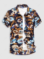 Flowers Printed Button-front Vacation Shirt L Black