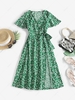 Flowing Tiny Floral Wrap Midi Dress M Green