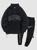 Fluffy CALIFORNIA Embroider Quater Zip Polar Fleece Sweatshirt with Cargo Jogger Techwear Pants Set Black