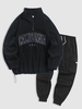 Fluffy CALIFORNIA Embroider Quater Zip Polar Fleece Sweatshirt with Cargo Pants Set Black