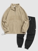 Fluffy CALIFORNIA Embroider Quater Zip Polar Fleece Sweatshirt with Cargo Pants Set Light coffee