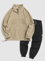 Fluffy CALIFORNIA Embroider Quater Zip Polar Fleece Sweatshirt with Cargo Pants Set Light coffee