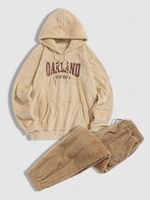 Fluffy CALIFORNIA OAKLAND Letter Embroidery Hoodie and Teddy Beam Feet Pants Set Light coffee