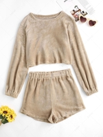 Fluffy Crop Sweatshirt and Two Piece Shorts Set Xl Light coffee