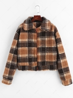 Fluffy Faux Fur Short Plaid Coat M