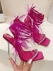 Fluffy Feather Rhinestone Decorated Lace Up Clear Heel Pumps