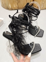 Fluffy Feather Rhinestone Decorated Lace Up Clear Heel Pumps