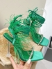 Fluffy Feather Rhinestone Decorated Lace Up Clear Heel Pumps