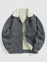 Fluffy Fleece-lined Turndown Collar Corduroy Jacket Xl Gray
