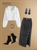 Fluffy Half Zip Cropped Top and Button Denim High Waist Skirt Set White