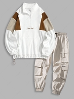 Fluffy NEW YORK Embroidery Colorblock Half Zip Sweatshirt and Cargo Jogger Techwear Pants Set Multi a