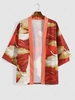 Flying Crane Print Open Front Kimono Cardigan Shirt Xl Red wine