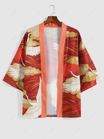 Flying Crane Print Open Front Kimono Cardigan Shirt Xl Red wine