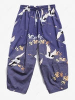 Flying Crane Sea Waves Print Cropped Pants Xl Light slate blue