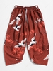 Flying Crane Sea Waves Print Cropped Pants Xl Red wine
