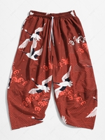 Flying Crane Sea Waves Print Cropped Pants Xl Red wine