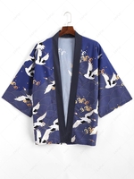 Flying Crane Sea Waves Print Open Front Kimono Cardigan S Lapis blue