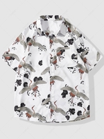 Flying Cranes Leaf Print Short Sleeve Shirt L White