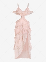 Foil Polka Dot Ruffles Cutout Slit Maxi Dress Xl Light pink