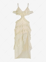 Foil Polka Dot Ruffles Cutout Slit Maxi Dress Xl Light yellow