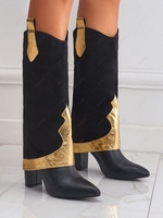 Fold Over Metallic Glitter Sparkle Panel Western Chelsea Knee High Boots