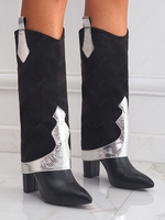 Fold Over Metallic Glitter Sparkle Panel Western Chelsea Knee High Boots
