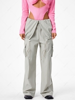 Foldover Waist Wide Leg Parachute Cargo Pants M Light gray