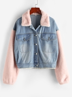 Frayed Faux Fur Panel Combo Denim Jacket L Blue gray