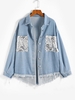 Frayed Front Pockets Sequined Denim Jacket L Light blue