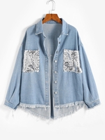 Frayed Front Pockets Sequined Denim Jacket L Light blue