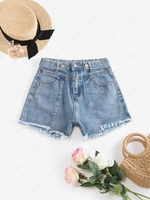Frayed Pocket Belted Denim Shorts L Light blue
