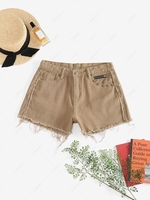 Frayed Rivet Zipper Pocket Denim Shorts L Coffee