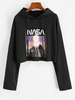 French Terry Drop Shoulder Spaceflight Patterned Hoodie M Black