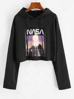 French Terry Drop Shoulder Spaceflight Patterned Hoodie M Black