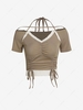 Frilled Cinched Halter Strappy Ruched Tee L Light coffee