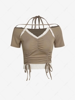 Frilled Cinched Halter Strappy Ruched Tee L Light coffee
