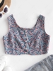 Frilled Ditsy Print Button Up Crop Top S Blue