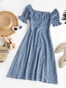 Frilled Floral Ruched Bust Split Hem Tea Dress M Blue