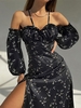 Frilled Floral Split Hem Ruched Bust Long Sleeve Dress M Black