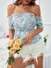 Frilled Peplum Floral Off Shoulder Blouse M Light blue