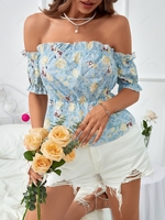 Frilled Peplum Floral Off Shoulder Blouse M Light blue