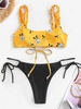 Frilled Plant Print Bikini Top and Braided Strap Tie Side Bikini Bottom Yellow